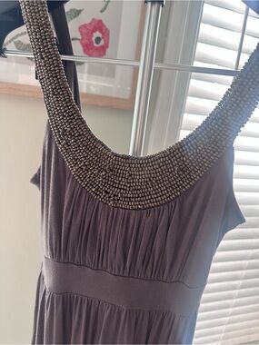 Soprano Beaded Scoop Neck Midi Dress in Taupe